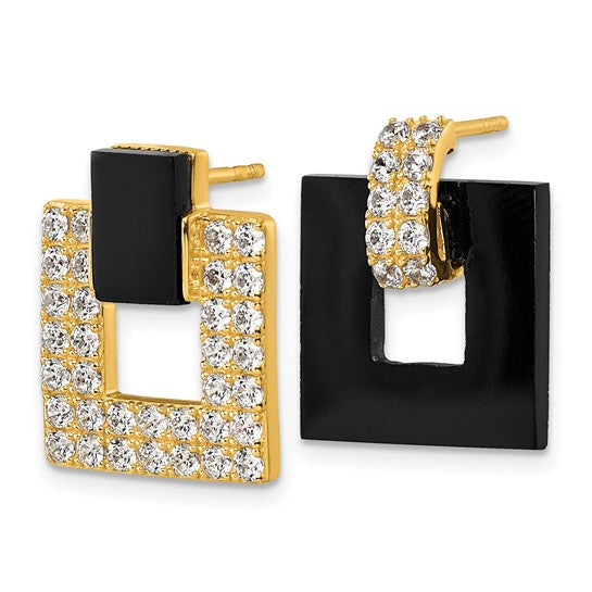Sterling Silver Gold-Tone CZ and Black Agate Square Dangle Mis-Matched Earrings