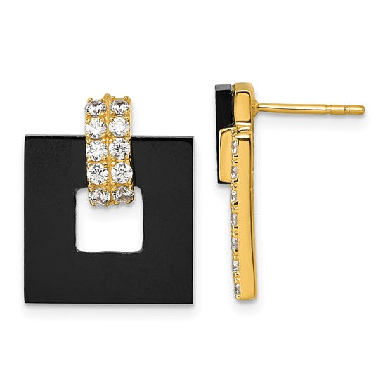 Sterling Silver Gold-Tone CZ and Black Agate Square Dangle Mis-Matched Earrings