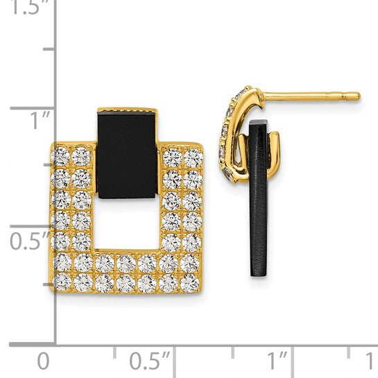 Sterling Silver Gold-Tone CZ and Black Agate Square Dangle Mis-Matched Earrings