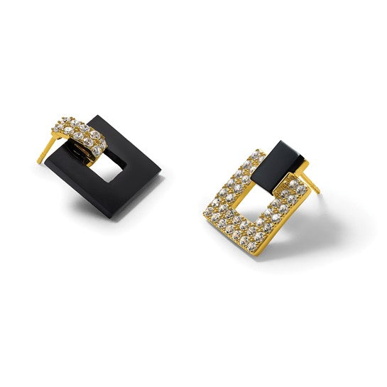 Sterling Silver Gold-Tone CZ and Black Agate Square Dangle Mis-Matched Earrings