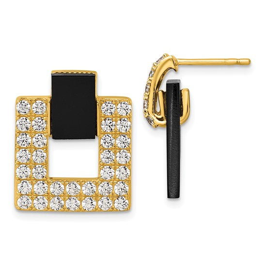 Sterling Silver Gold-Tone CZ and Black Agate Square Dangle Mis-Matched Earrings