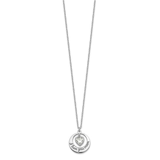 Rhodium-Plated Sterling Silver “I Love You Mom” Necklace with CZ Heart Dangle – 15" with 2" Extension