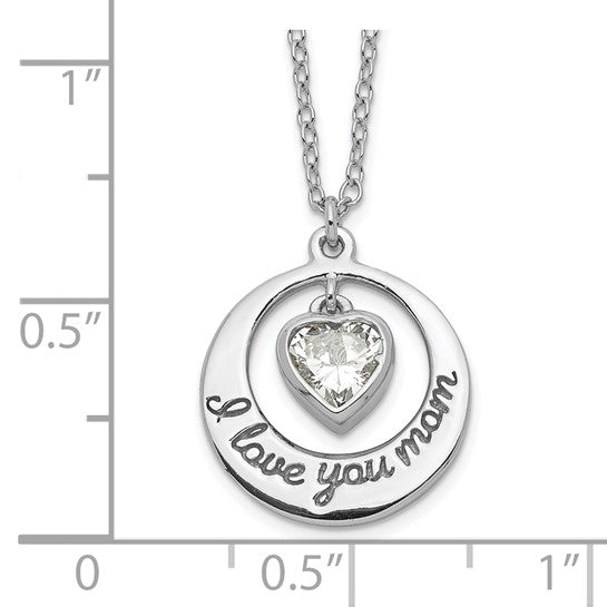 Rhodium-Plated Sterling Silver “I Love You Mom” Necklace with CZ Heart Dangle – 15" with 2" Extension