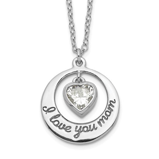 Rhodium-Plated Sterling Silver “I Love You Mom” Necklace with CZ Heart Dangle – 15" with 2" Extension