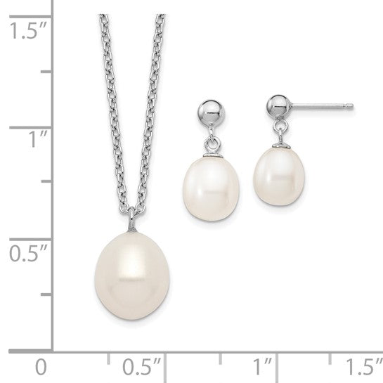 White Rice Freshwater Pearl Sterling Silver Necklace & Dangle Earrings Set
