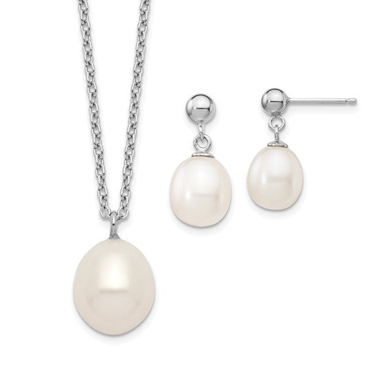 White Rice Freshwater Pearl Sterling Silver Necklace & Dangle Earrings Set