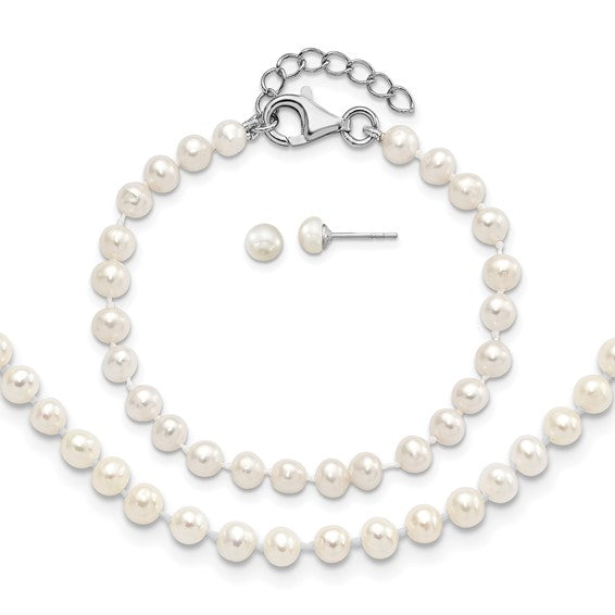 Freshwater Pearl Rhodium-Plated Sterling Silver Necklace, Bracelet & Earrings Set