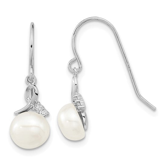 Sterling Silver Rhodium-Plated Freshwater Pearl & CZ Necklace and Earrings Set (7–8mm)