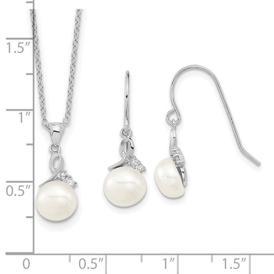 Sterling Silver Rhodium-Plated Freshwater Pearl & CZ Necklace and Earrings Set (7–8mm)
