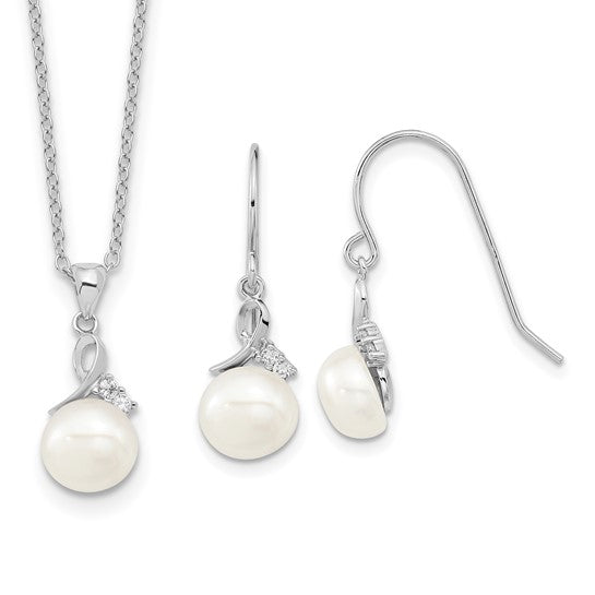 Sterling Silver Rhodium-Plated Freshwater Pearl & CZ Necklace and Earrings Set (7–8mm)