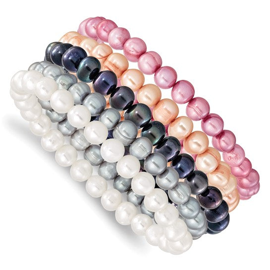Freshwater Cultured Pearl 5-Piece Stretch Bracelet Set – Multi-Color (6–7mm)