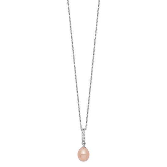 Pink Teardrop Freshwater Pearl & CZ Sterling Silver Necklace