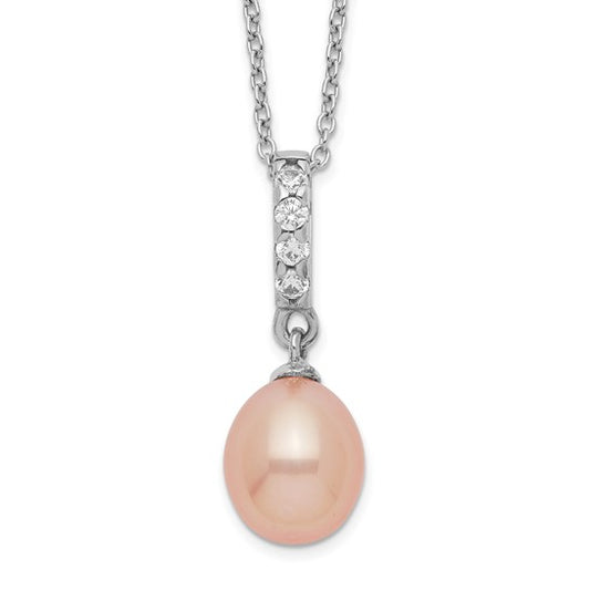 Pink Teardrop Freshwater Pearl & CZ Sterling Silver Necklace