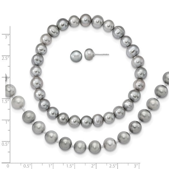Sterling Silver Grey Freshwater Pearl Jewelry Set – Necklace, Bracelet & Earrings (7–8mm)