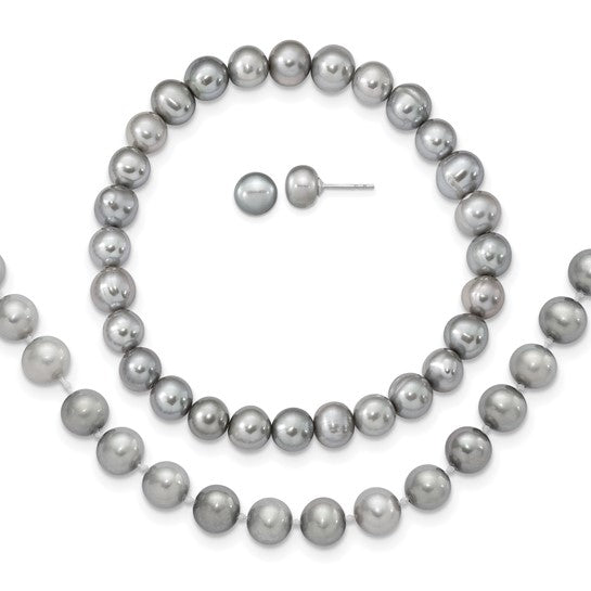 Sterling Silver Grey Freshwater Pearl Jewelry Set – Necklace, Bracelet & Earrings (7–8mm)