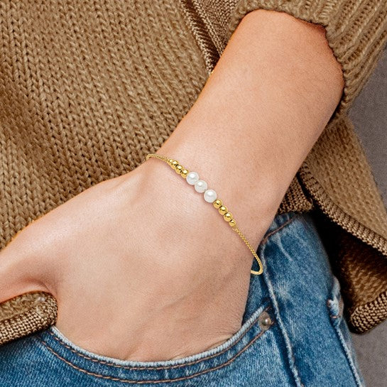 Sterling Silver Gold-Plated Polished Freshwater Cultured Pearl Adjustable Bracelet