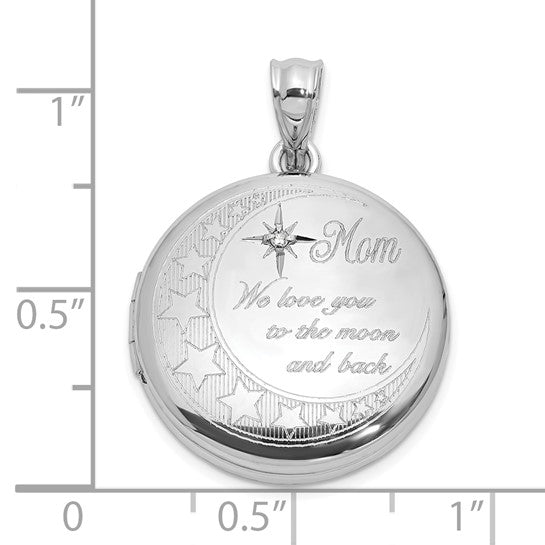 Rhodium-Plated Sterling Silver Diamond Mom Moon & Stars 20mm Round Locket