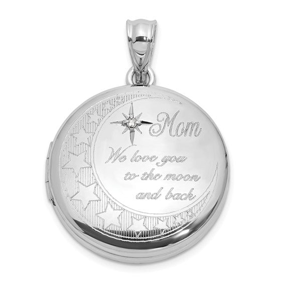 Rhodium-Plated Sterling Silver Diamond Mom Moon & Stars 20mm Round Locket