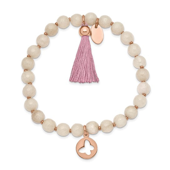 Chisel Rose IP-Plated Butterfly Pink Agate Beaded Stretch Bracelet with Tassel