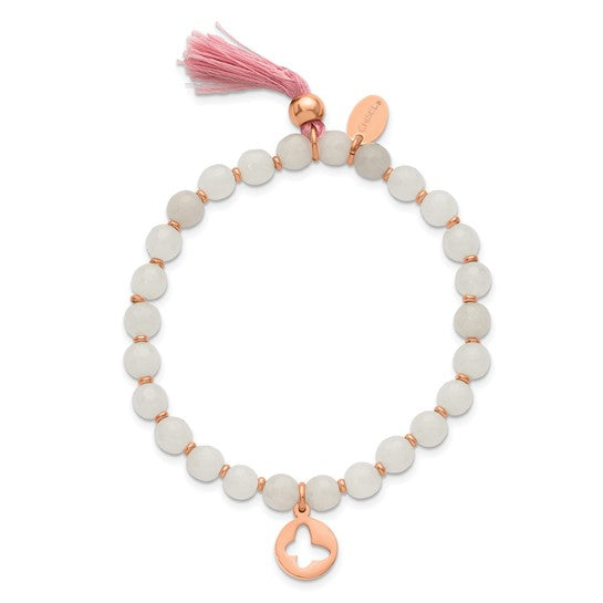 Chisel Rose IP-Plated Butterfly Pink Agate Beaded Stretch Bracelet with Tassel