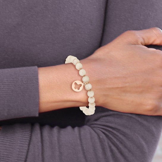 Chisel Rose IP-Plated Butterfly Pink Agate Beaded Stretch Bracelet with Tassel