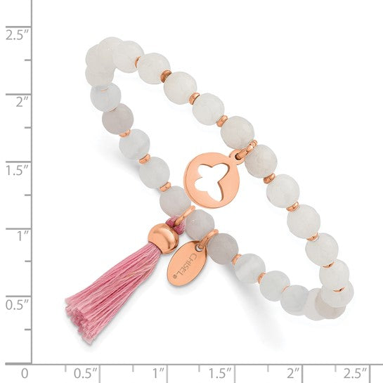 Chisel Rose IP-Plated Butterfly Pink Agate Beaded Stretch Bracelet with Tassel