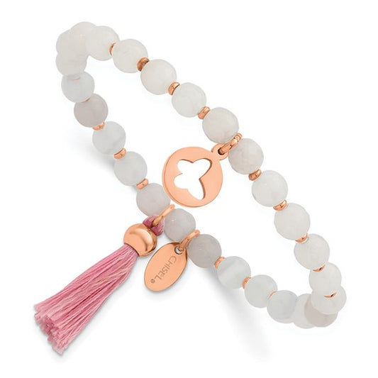 Chisel Rose IP-Plated Butterfly Pink Agate Beaded Stretch Bracelet with Tassel