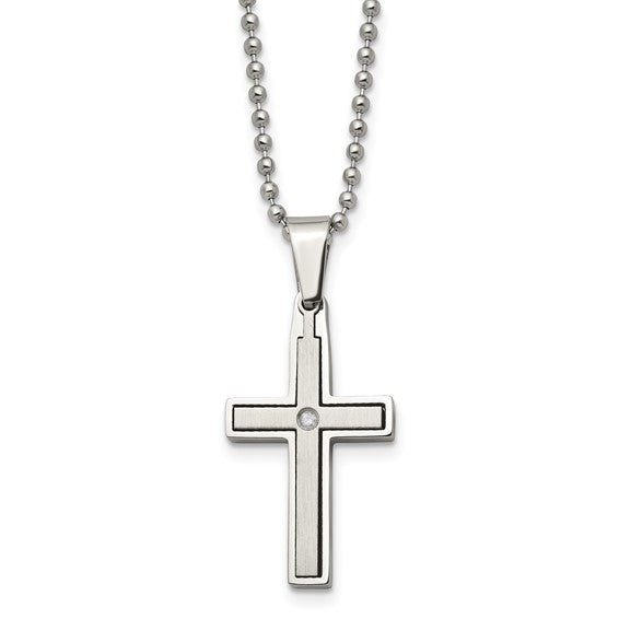 Stainless Steel Cross Necklace with Diamond Accent