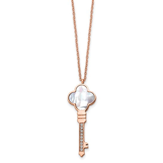 Rose Gold IP-Plated Stainless Steel Mother of Pearl & CZ Key Pendant Necklace