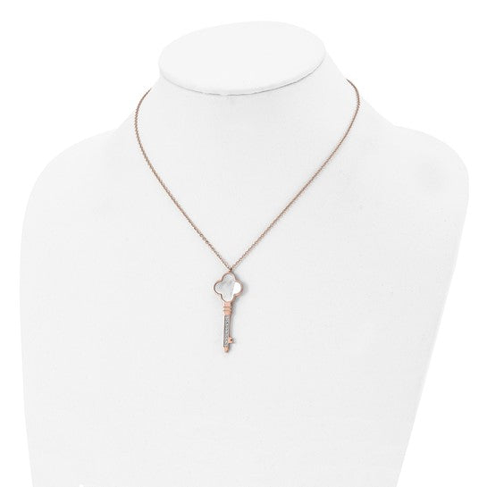 Rose Gold IP-Plated Stainless Steel Mother of Pearl & CZ Key Pendant Necklace