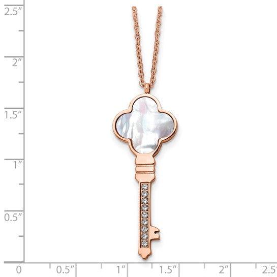 Rose Gold IP-Plated Stainless Steel Mother of Pearl & CZ Key Pendant Necklace