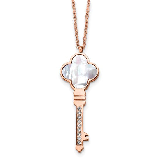 Rose Gold IP-Plated Stainless Steel Mother of Pearl & CZ Key Pendant Necklace