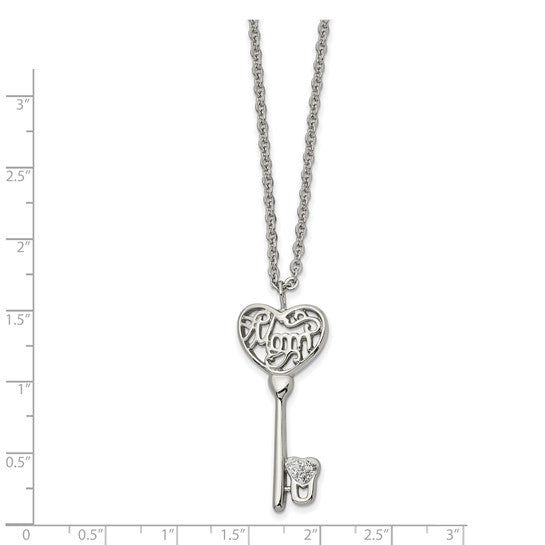 Chisel Polished Stainless Steel Clear Crystal Mom Heart Key Pendant on 20" Cable Chain