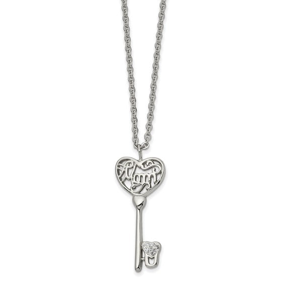 Chisel Polished Stainless Steel Clear Crystal Mom Heart Key Pendant on 20" Cable Chain