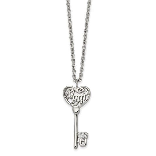 Chisel Polished Stainless Steel Clear Crystal Mom Heart Key Pendant on 20" Cable Chain