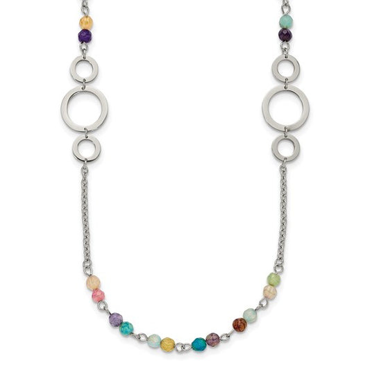 Chisel Multi-Color Agate Beaded Necklace with Polished Stainless Steel – 35.5"