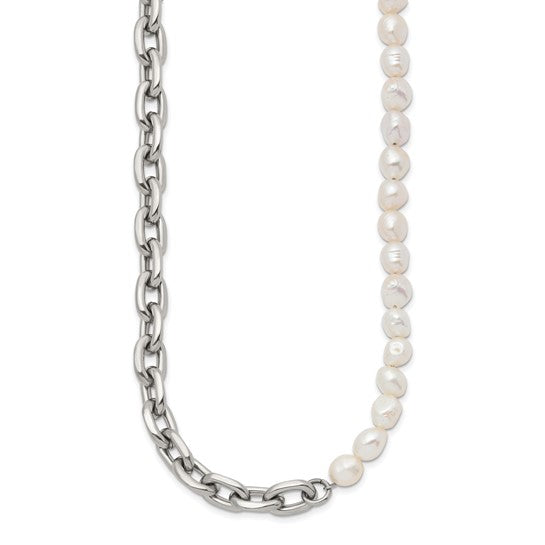 Polished Open Link Half Baroque Pearl Beaded Stainless Steel Necklace