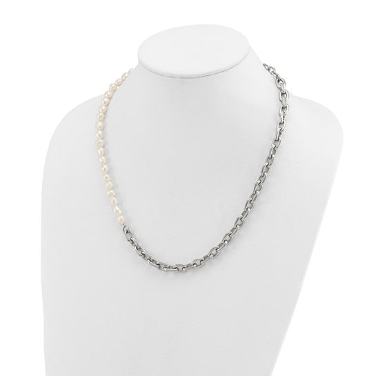 Polished Open Link Half Baroque Pearl Beaded Stainless Steel Necklace