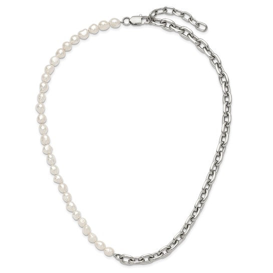 Polished Open Link Half Baroque Pearl Beaded Stainless Steel Necklace