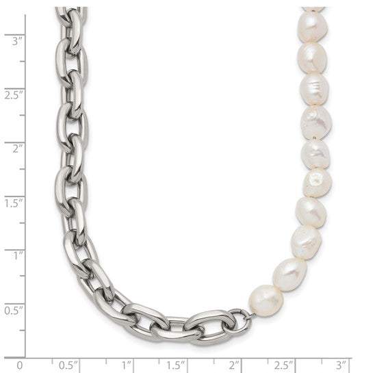 Polished Open Link Half Baroque Pearl Beaded Stainless Steel Necklace