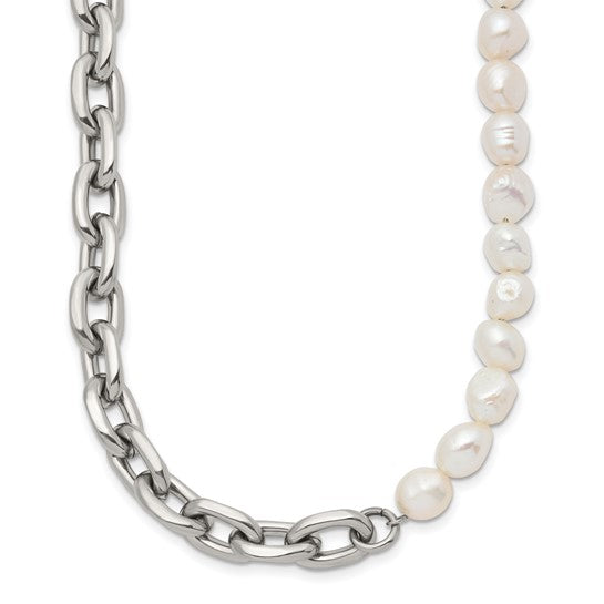 Polished Open Link Half Baroque Pearl Beaded Stainless Steel Necklace