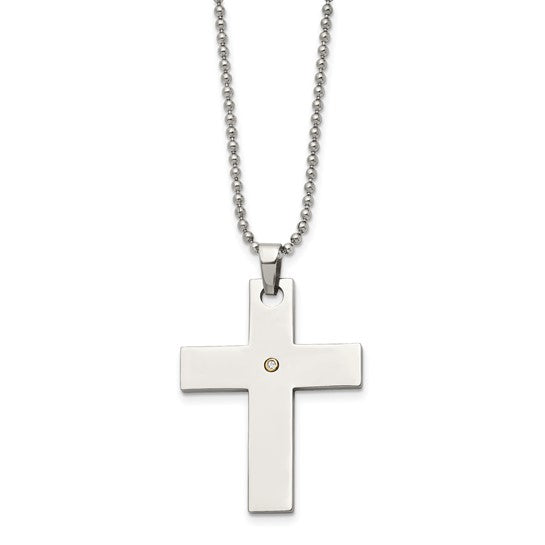 14KY & Stainless Steel Cross Necklace with Diamond Accent