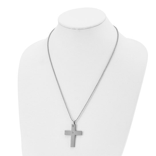 14KY & Stainless Steel Cross Necklace with Diamond Accent