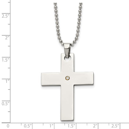 14KY & Stainless Steel Cross Necklace with Diamond Accent