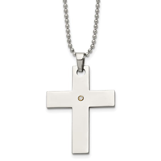 14KY & Stainless Steel Cross Necklace with Diamond Accent