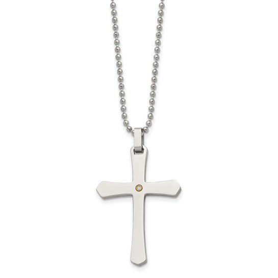 14KY & Stainless Steel Cross Necklace with Diamond Accent