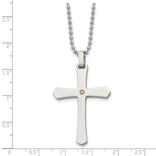 14KY & Stainless Steel Cross Necklace with Diamond Accent