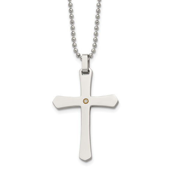14KY & Stainless Steel Cross Necklace with Diamond Accent