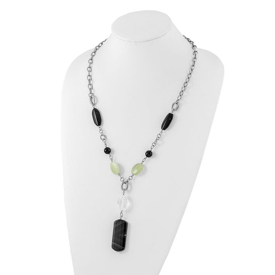 Stainless Steel Prehnite, Crystal and Black Agate with 1.5in ext Drop Necklace