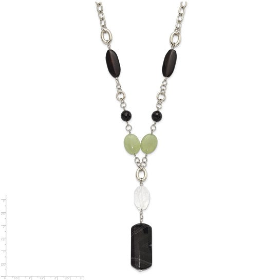 Stainless Steel Prehnite, Crystal and Black Agate with 1.5in ext Drop Necklace